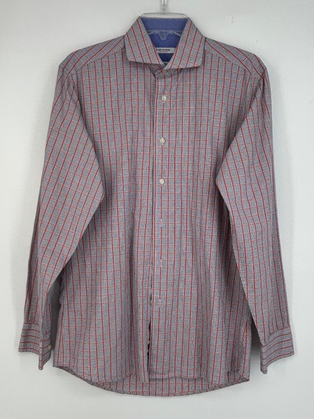 Isaac Mizrahi Mens 15.5 Slim Fit Button Front Shirt Orange Blue White Check LS
